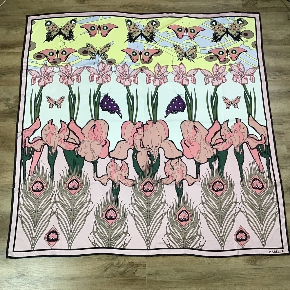 MARELLA Scarf Butterfly Peacock Floral Square Hair Tie Head Wrap Cover Print